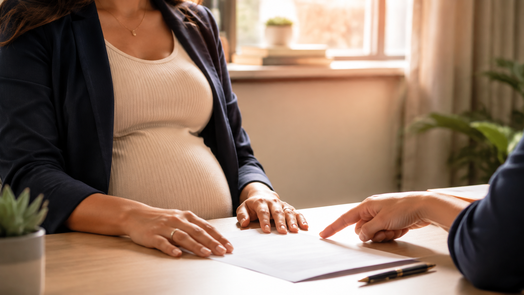 Empregada gestante recebe orientação antes de assinar uma carta de pedido de demissão