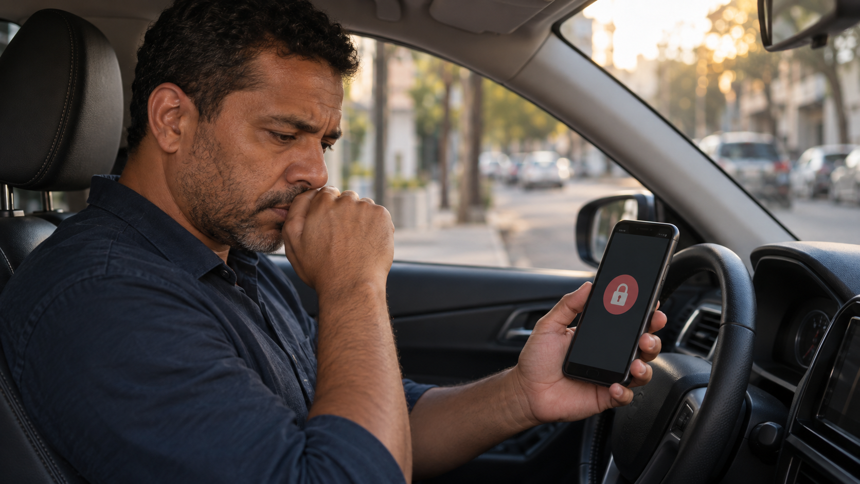 Motorista de aplicativo preocupado ao visualizar no celular que sua conta foi bloqueada